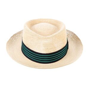 Hermes Tan Straw Hat with Navy Blue and Green Cotton and Viscose Trim